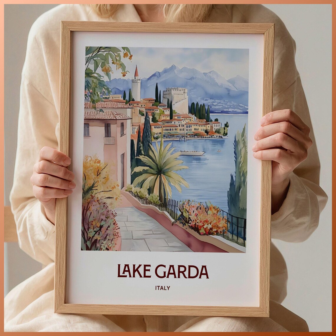Lake Garda Italy Lakeside Village Mountain Watercolor Travel Poster