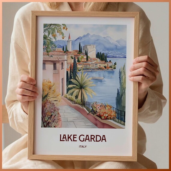 Lake Garda Italy Lakeside Village Mountain Watercolor Travel Poster