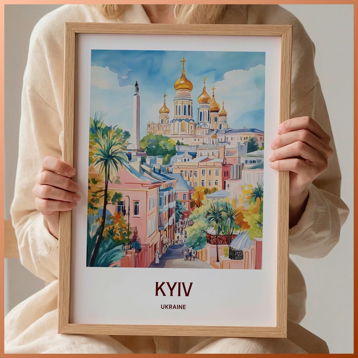 Kyiv Ukraine Golden Dome Cathedral City Street Watercolor Travel Poster