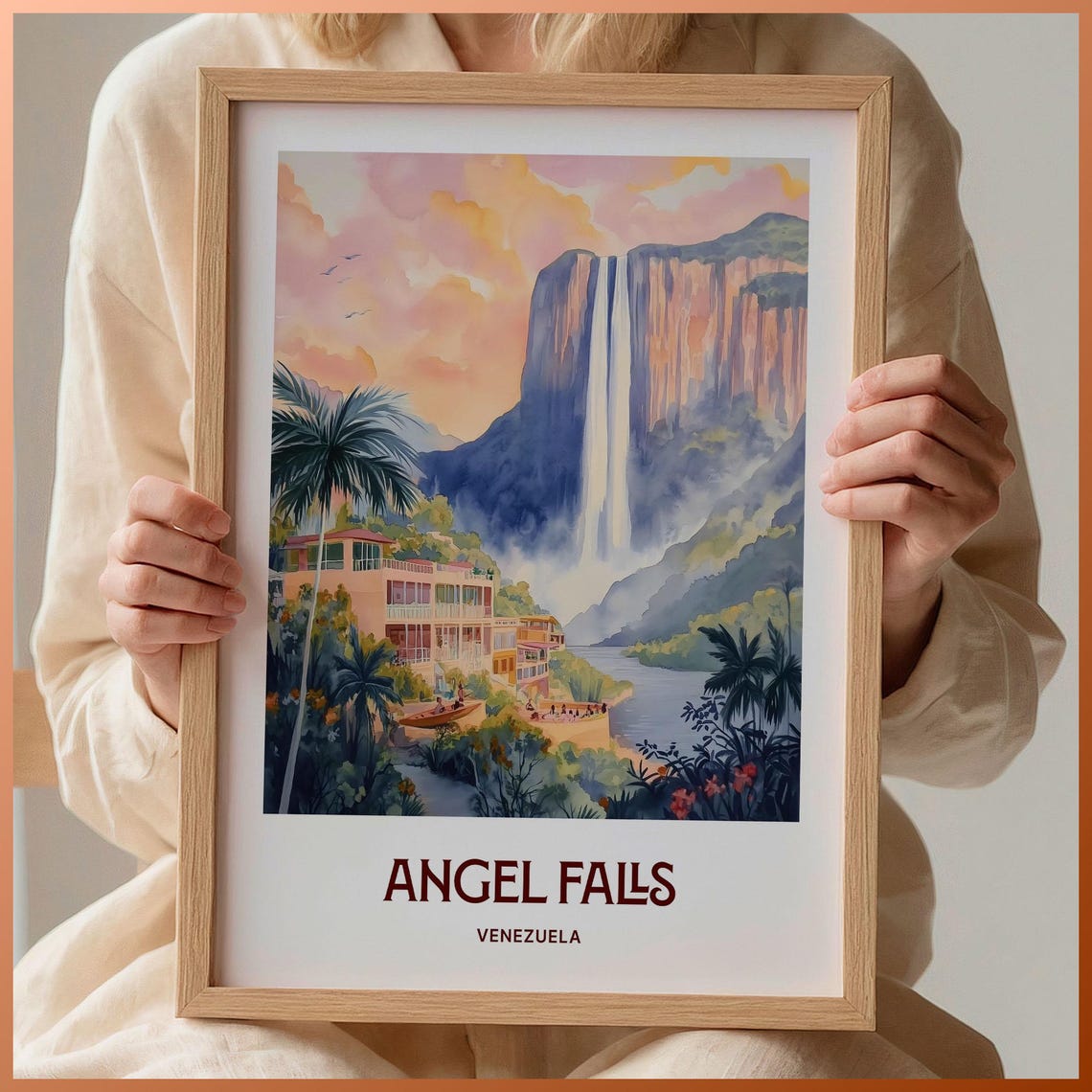 Angel Falls Venezuela Tepui Waterfall Watercolor Travel Poster