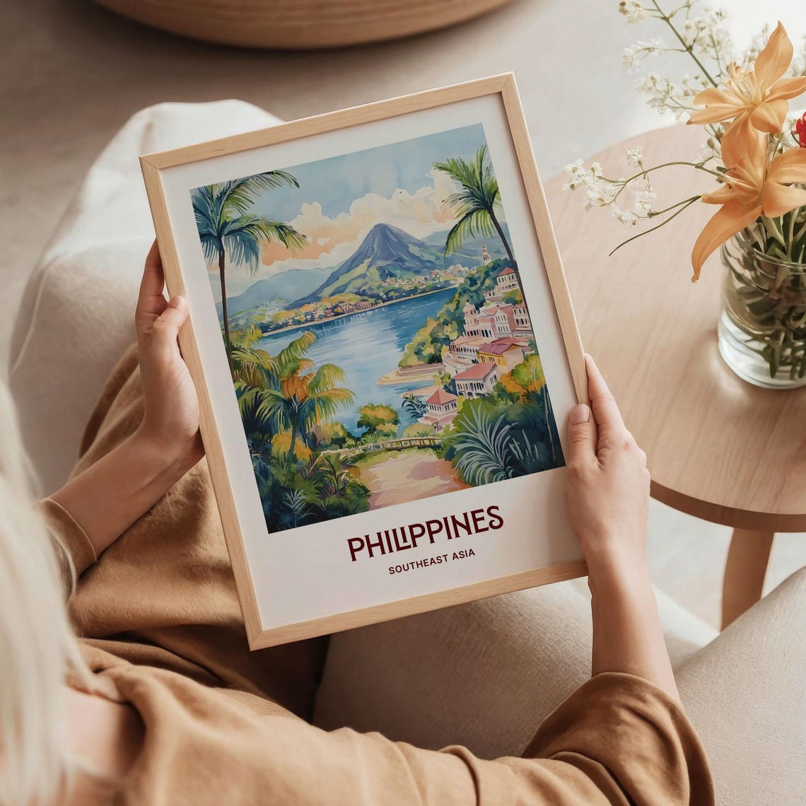 Philippines Volcano Lake Tropical Town Watercolor Travel Poster - Image 5