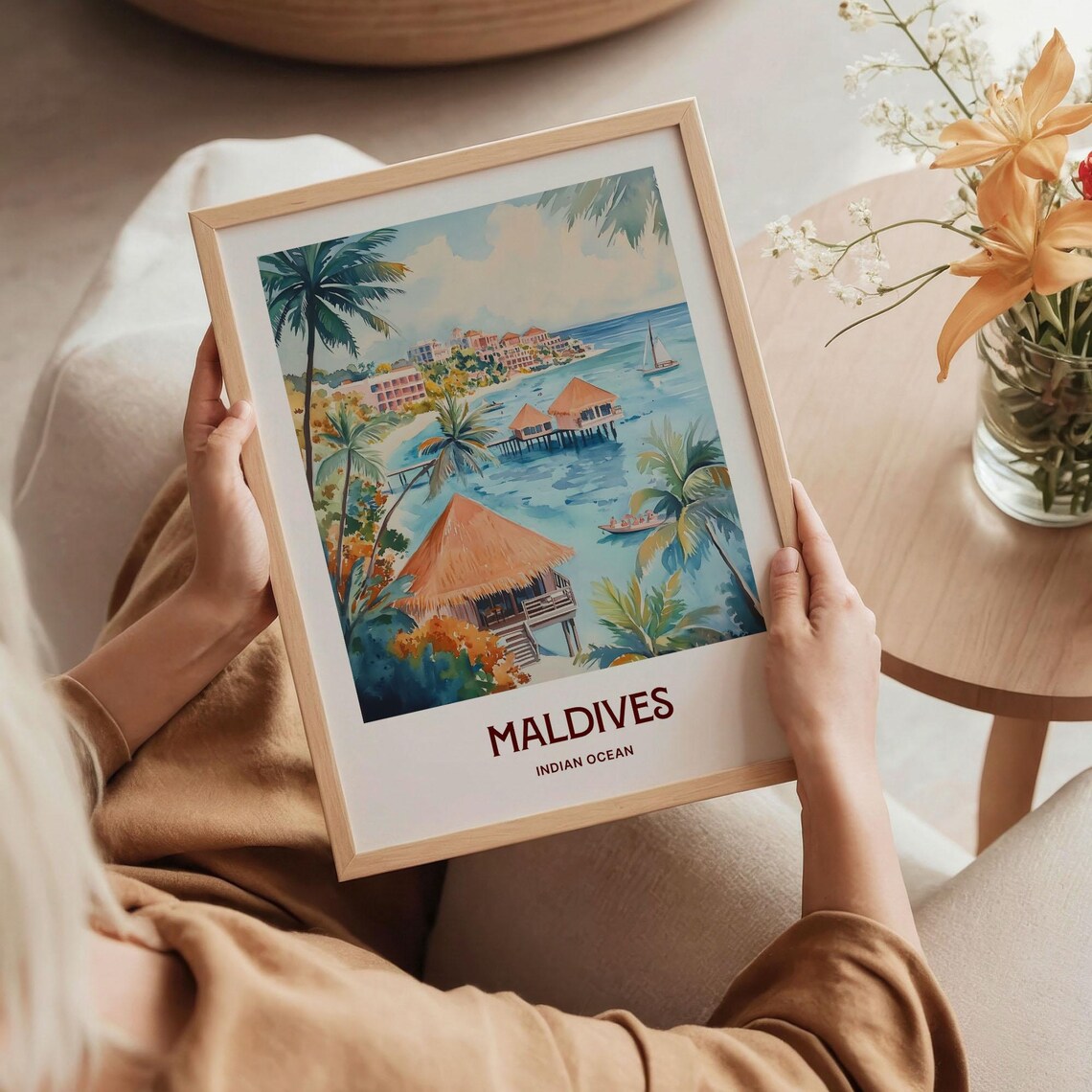 Maldives Indian Ocean Watercolor Overwater Bungalows Palm Beach Poster - Image 5