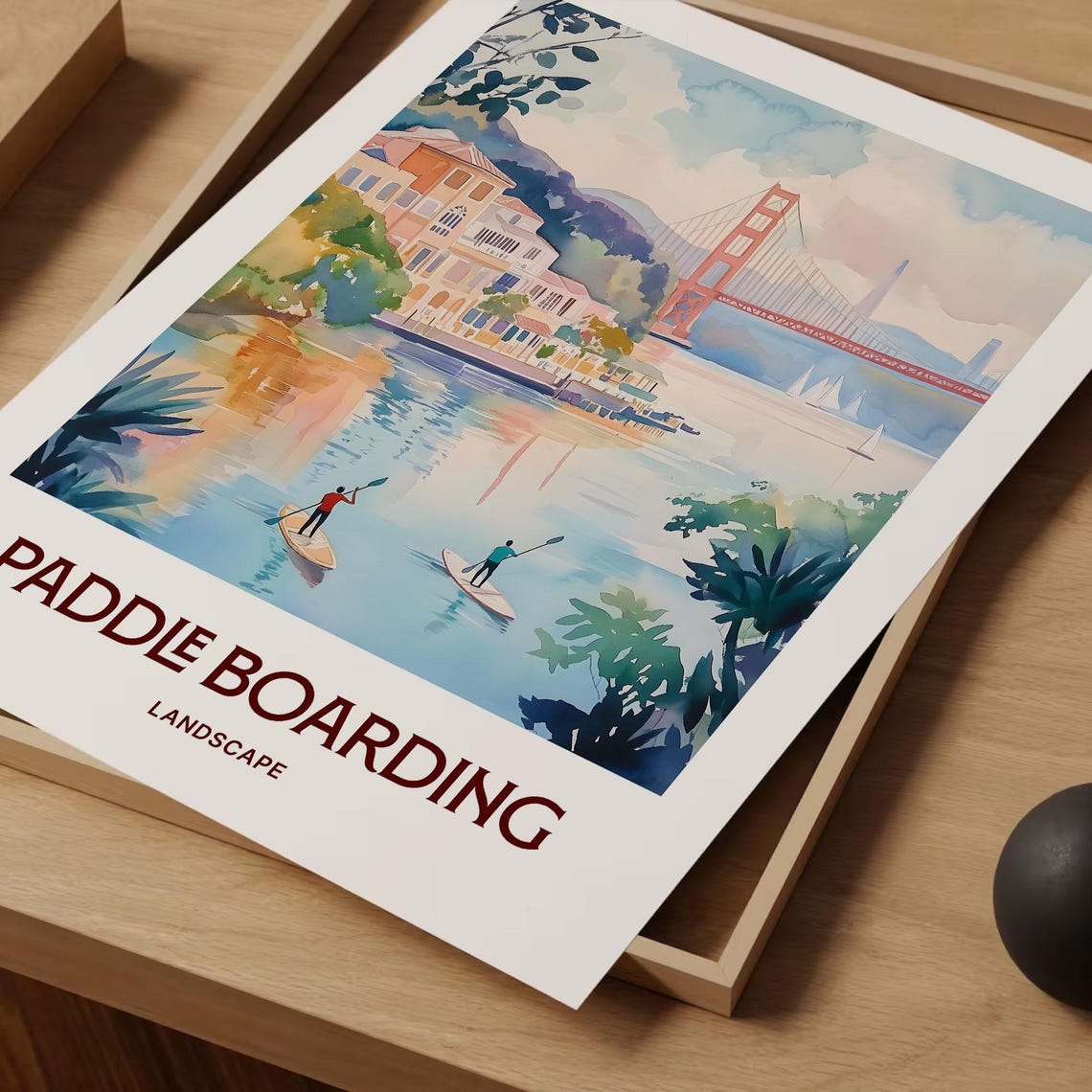 Paddle Boarding Golden Gate Bay Watercolor Travel Poster California - Image 2