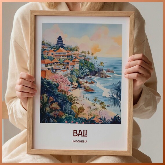 Bali Indonesia Watercolor Temple Beach Cove Tropical Coastline Art Poster