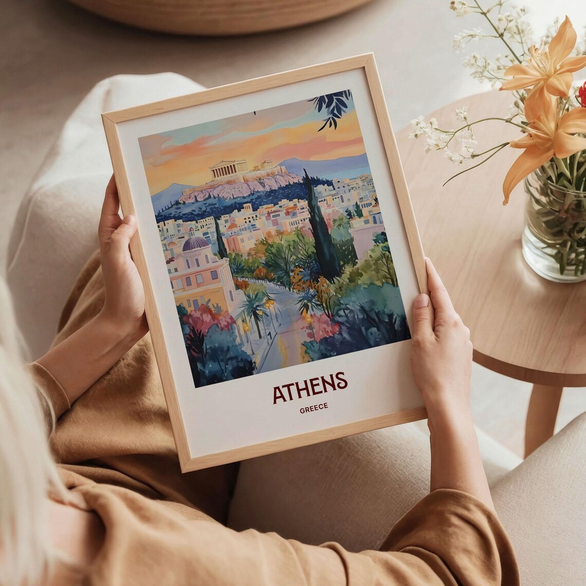 Athens Greece Acropolis Night Watercolor Cityscape Travel Poster - Image 5