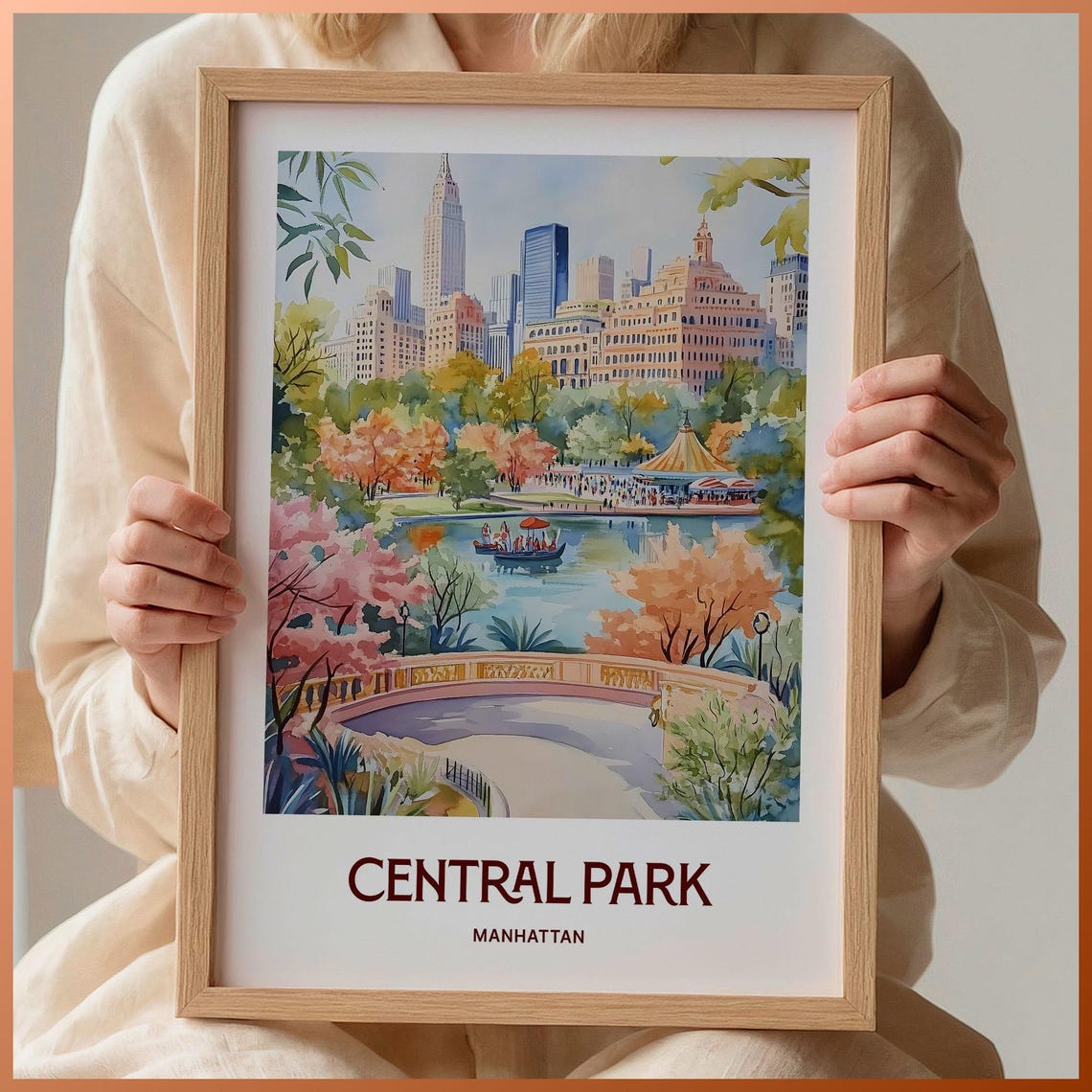 Central Park Manhattan Autumn Watercolor Poster Skyline Lake View