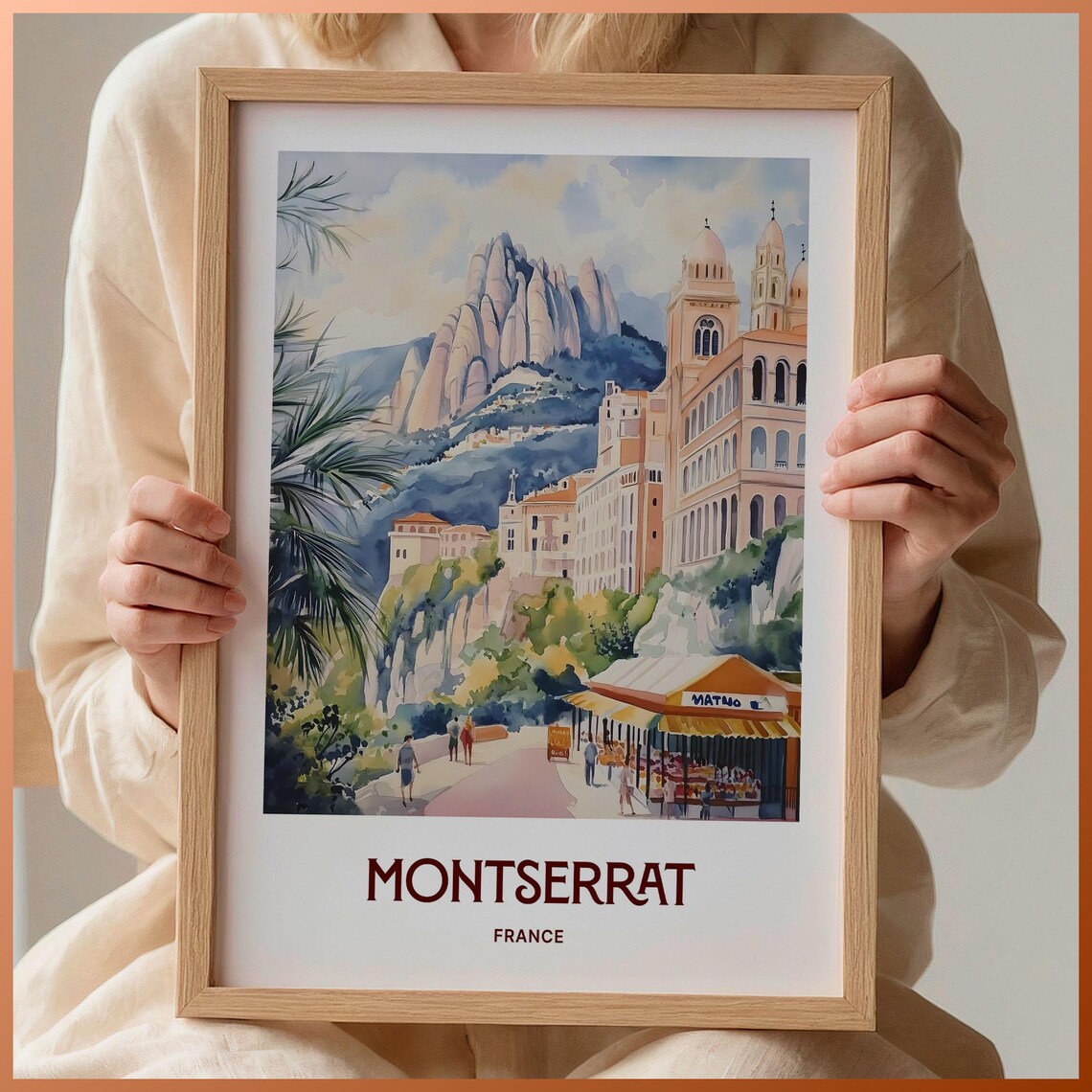 Montserrat France Watercolor Mountain Monastery Town Street Scene Poster