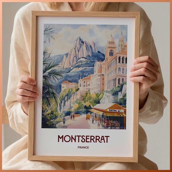 Montserrat France Watercolor Mountain Monastery Town Street Scene Poster