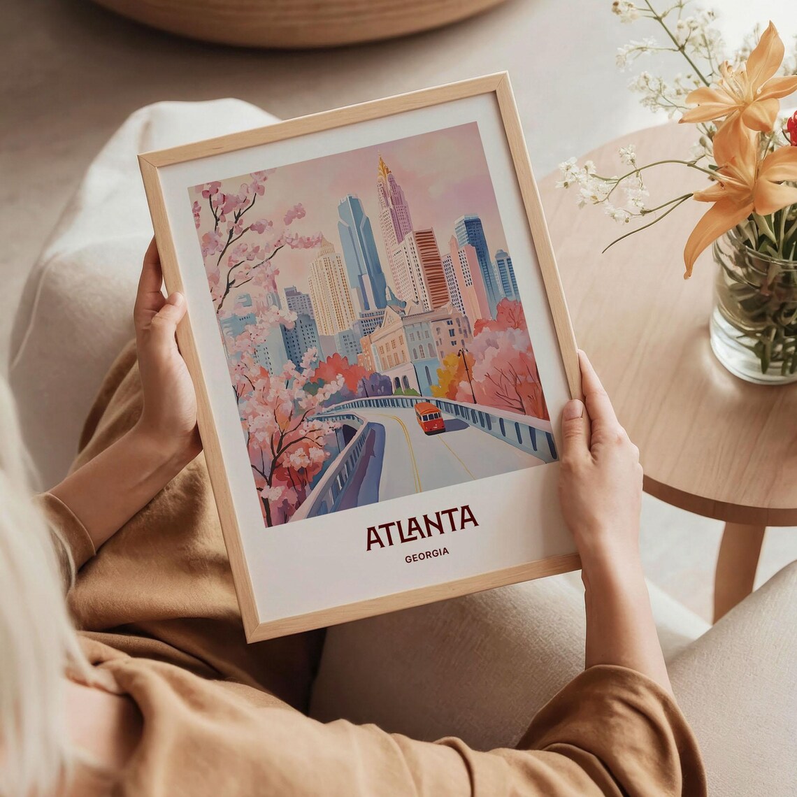 Atlanta Georgia Skyline Cherry Blossoms Bridge Watercolor Travel Poster - Image 5