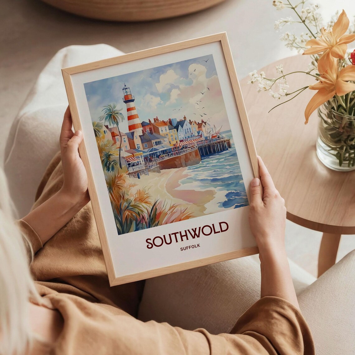 Southwold Suffolk Lighthouse Pier Beach Watercolor Coastal Travel Poster - Image 5