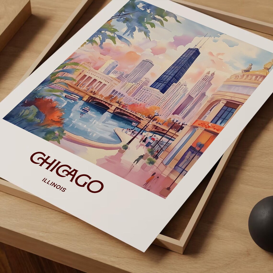 Chicago Illinois River Skyline Watercolor City Travel Poster - Image 2