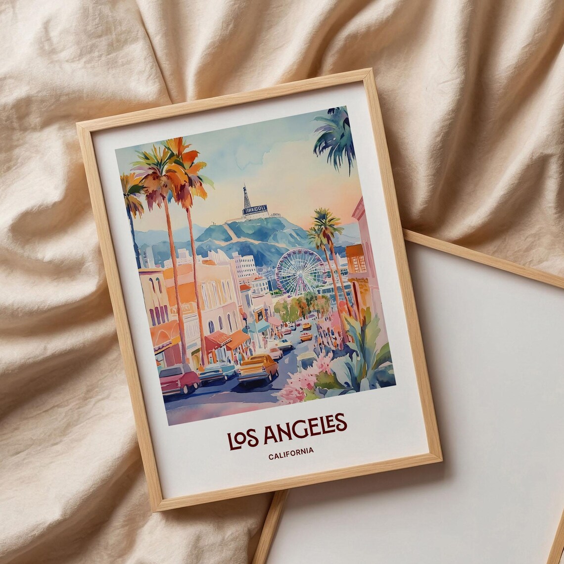 Los Angeles California Hollywood Hills Palm Tree Watercolor Travel Poster - Image 3