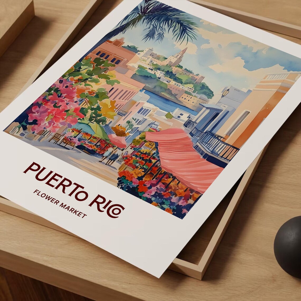 Puerto Rico Flower Market Street Watercolor Poster Island Style - Image 2