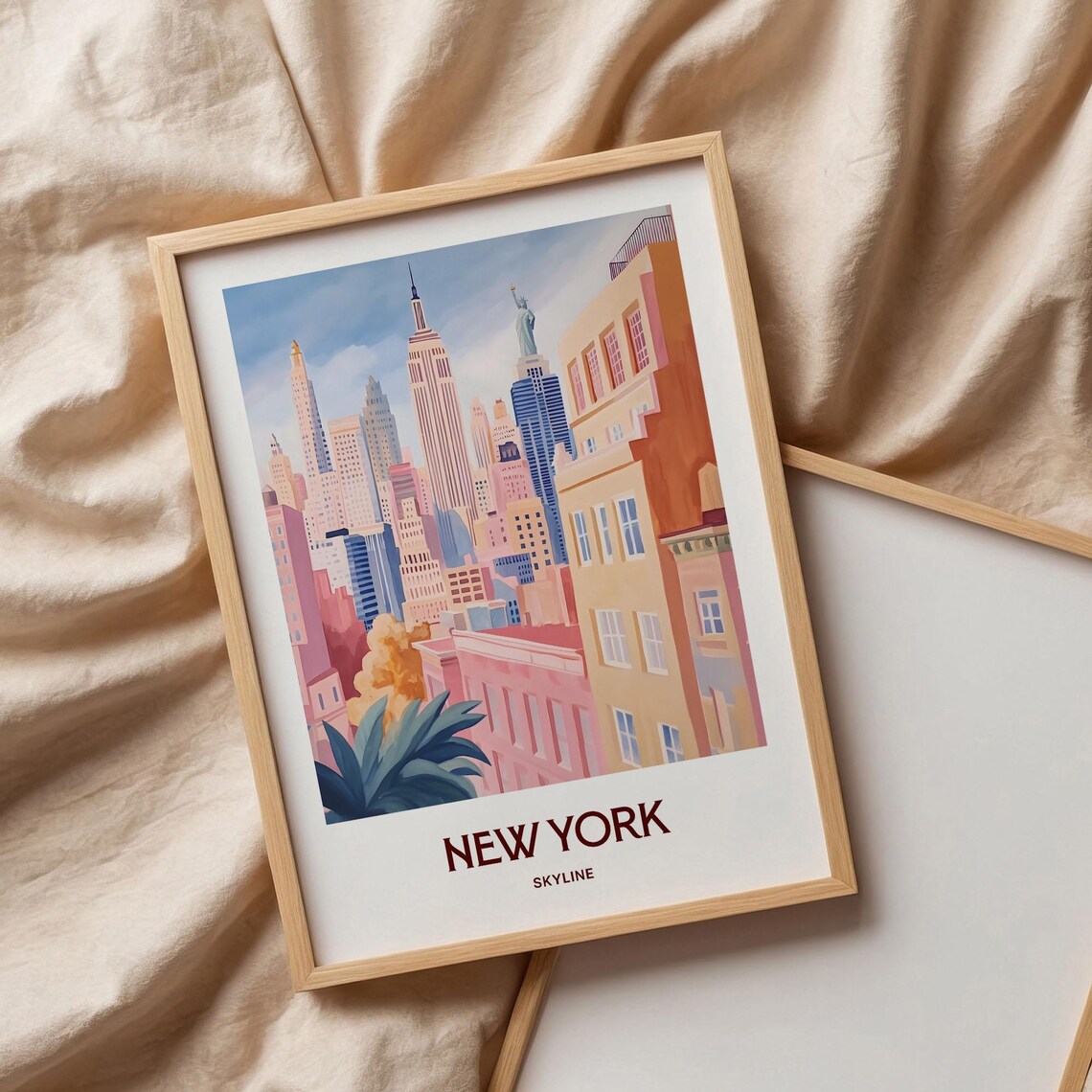 New York Skyline Empire State Statue of Liberty Travel Art Poster - Image 3