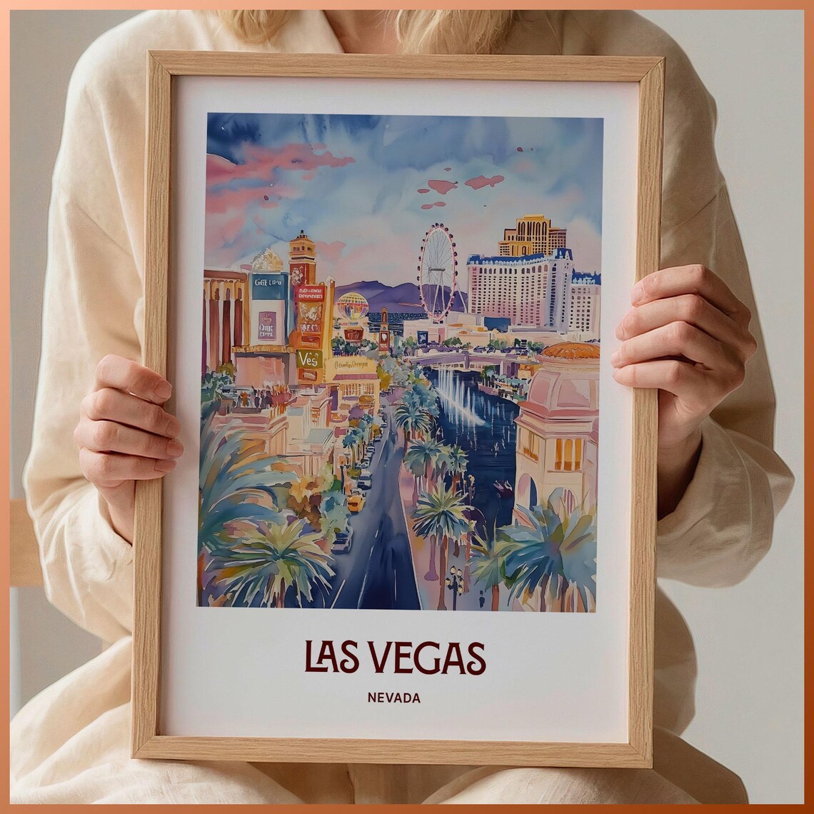 Las Vegas Nevada Strip Night Lights Watercolor Travel Poster