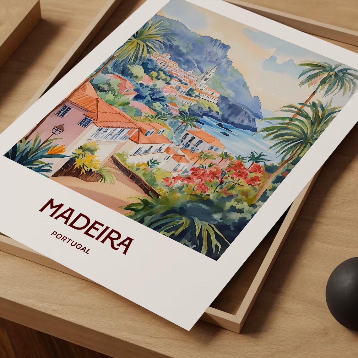 Madeira Portugal Coastal Town Cliffs Watercolor Travel Poster - Image 2