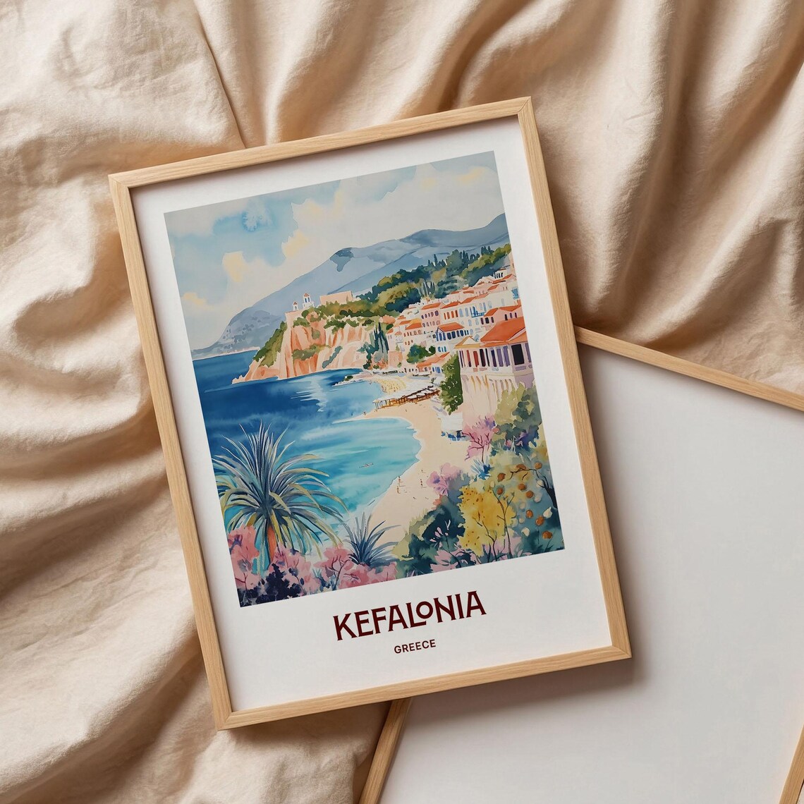 Kefalonia Greece Island Beach Cove Pastel Watercolor Art Poster - Image 3