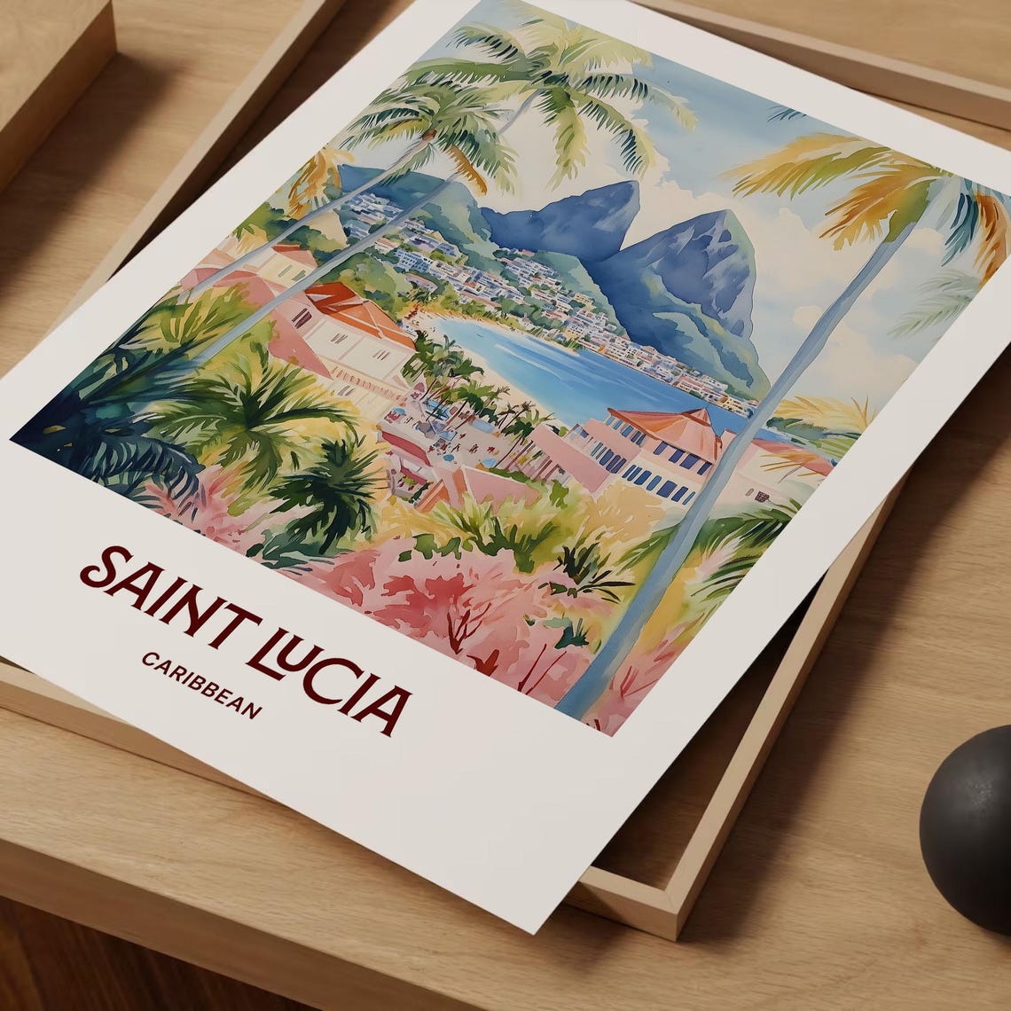 Saint Lucia Caribbean Pitons Beach Palms Watercolor Travel Poster - Image 2