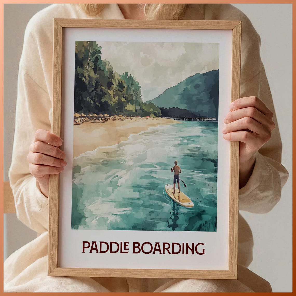 Paddle Boarding Beach Ocean Waves Watercolor Sports Art Poster