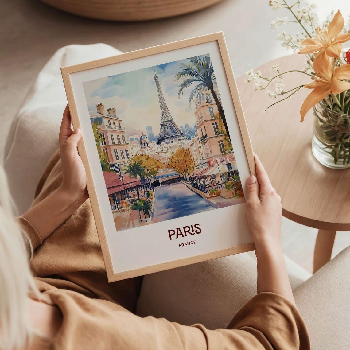 Paris France Eiffel Tower Street Cafe Watercolor Travel Poster - Image 5