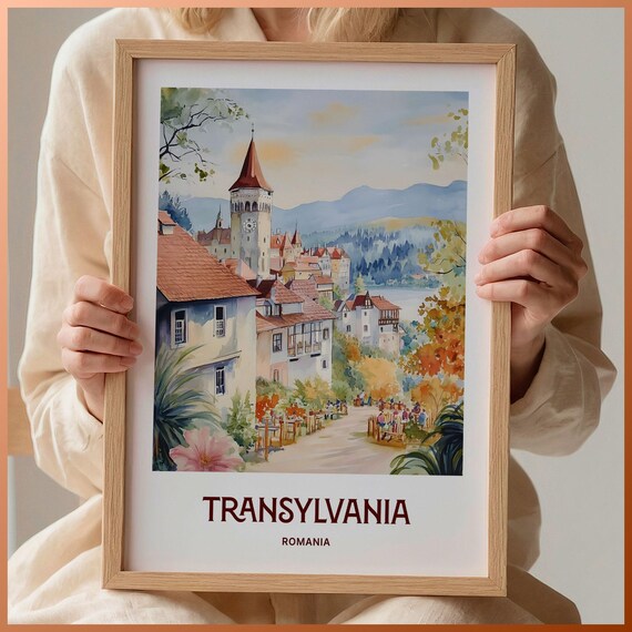 Transylvania Romania Historic Watercolor Medieval Town Poster