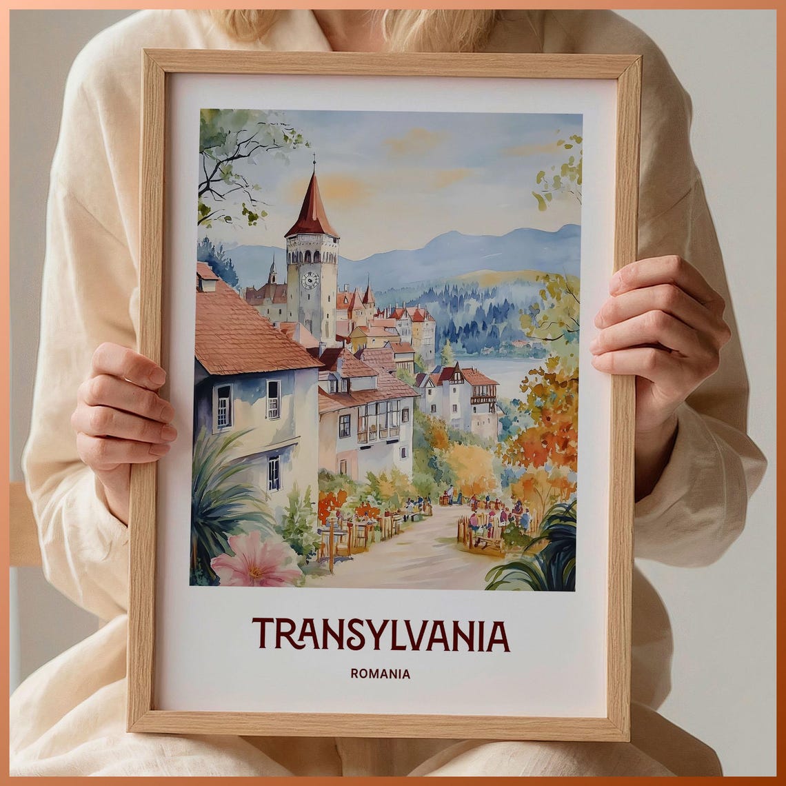 Transylvania Romania Historic Watercolor Medieval Town Poster