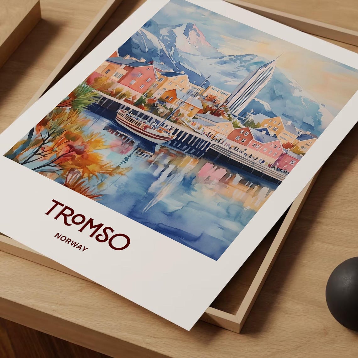 Tromso Norway Harbor Waterfront Mountains Watercolor Arctic Print - Image 2