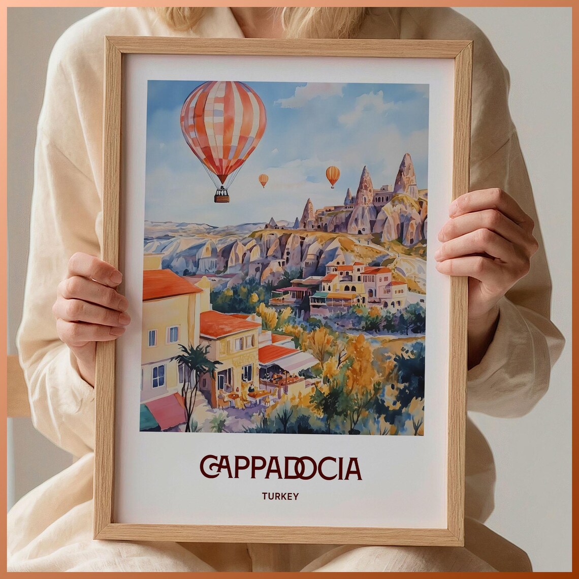 Cappadocia Turkey Hot Air Balloons Cave Rocks Watercolor Travel Poster