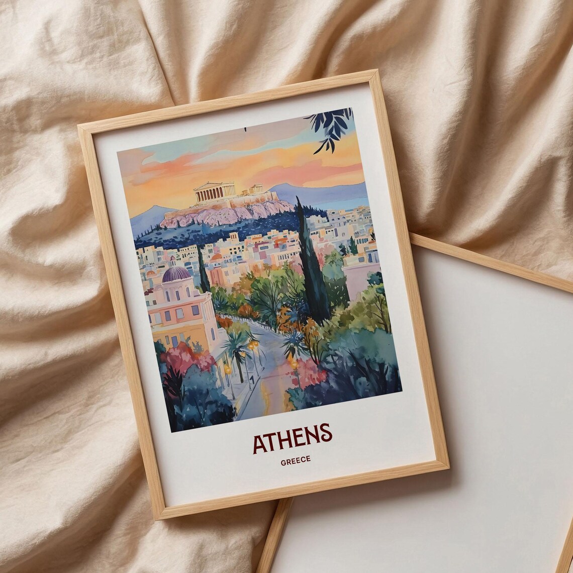 Athens Greece Acropolis Night Watercolor Cityscape Travel Poster - Image 3