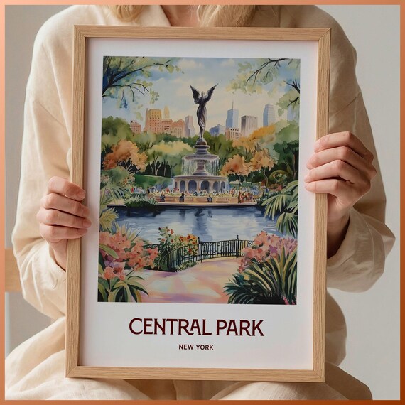 Central Park New York Watercolor Bethesda Fountain Angel Lake Scene Poster