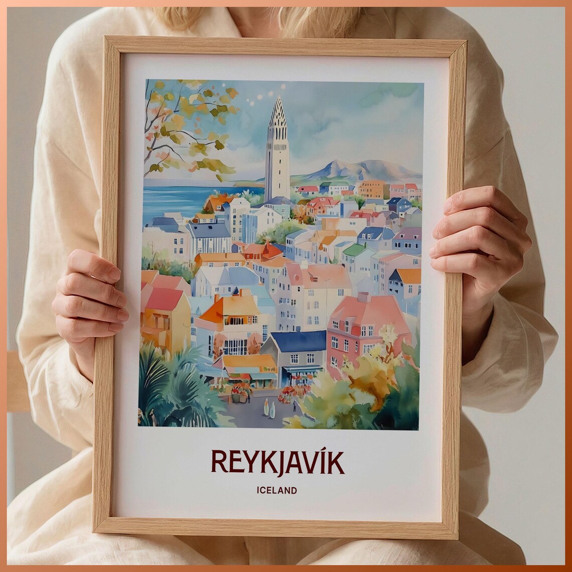 Reykjavik Iceland Hallgrimskirkja Colorful City Watercolor Travel Poster