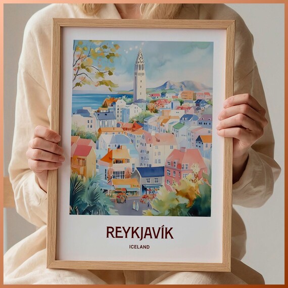 Reykjavik Iceland Hallgrimskirkja Colorful City Watercolor Travel Poster