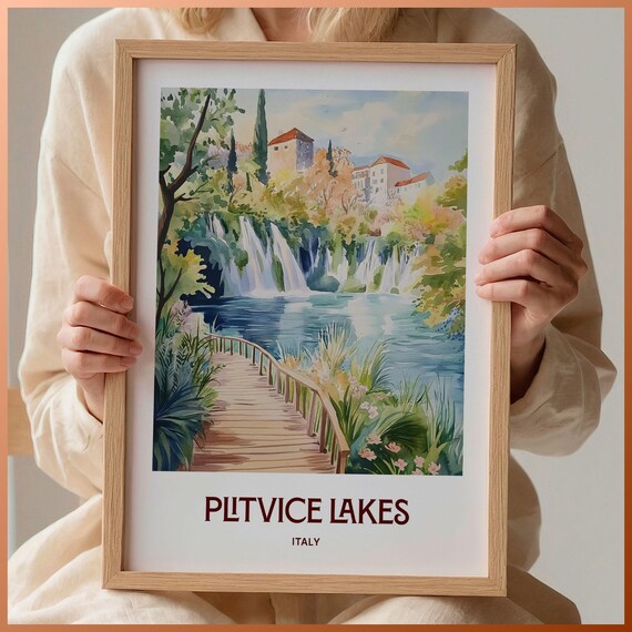 Plitvice Lakes Waterfall Boardwalk Watercolor Nature Travel Poster Art