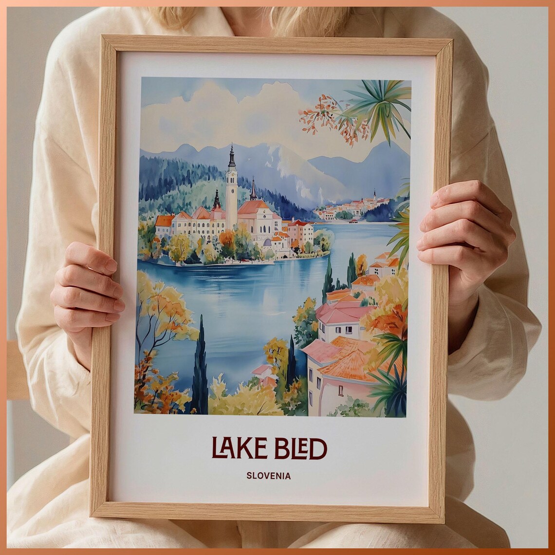 Lake Bled Slovenia Island Church Alpine Lake Watercolor Travel Poster