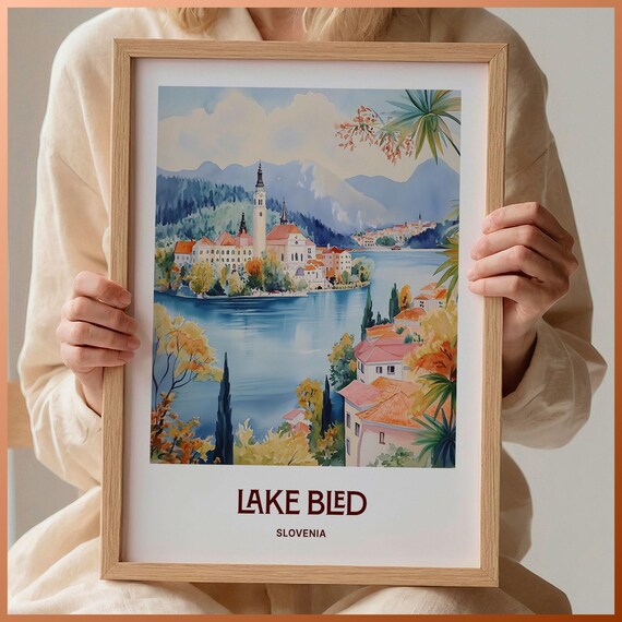 Lake Bled Slovenia Island Church Alpine Lake Watercolor Travel Poster