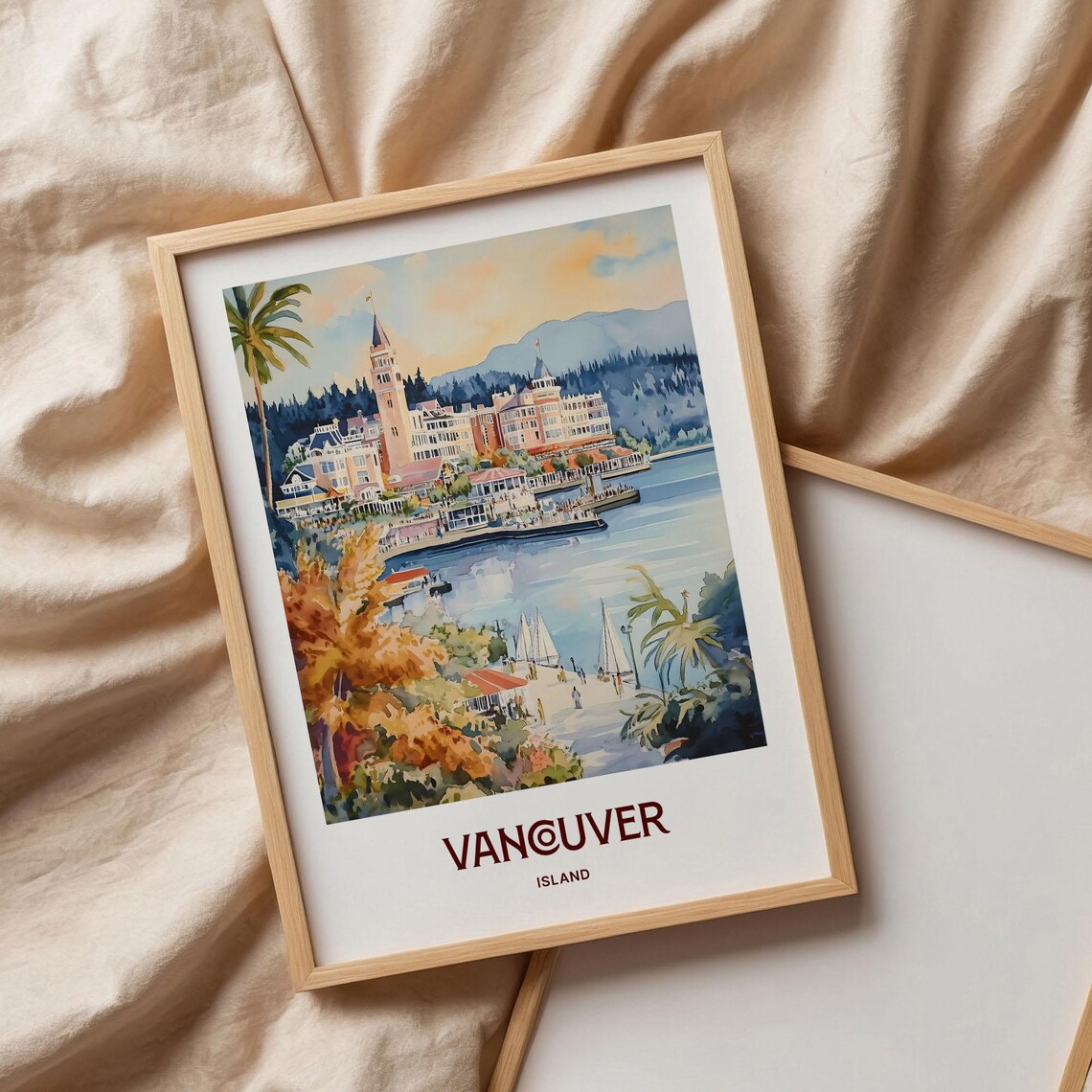 Vancouver Island Canada Harbor Sailboats Watercolor Coastal Travel Poster - Image 3