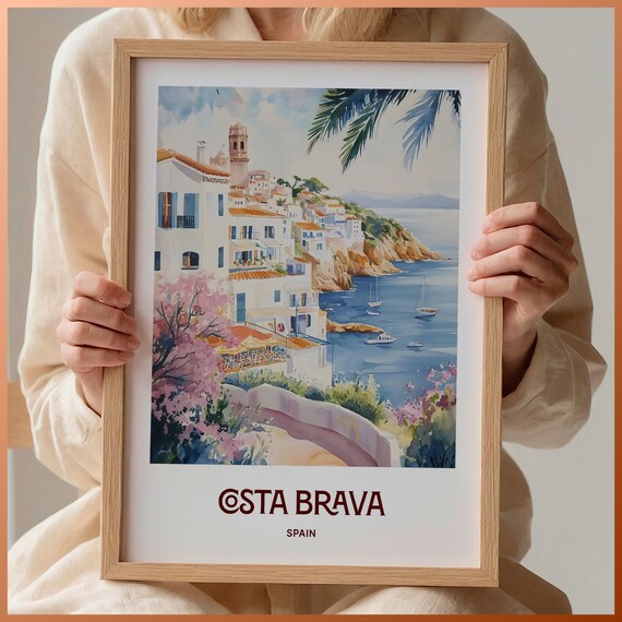 Costa Brava Spain White Village Coves Sailboats Watercolor Poster
