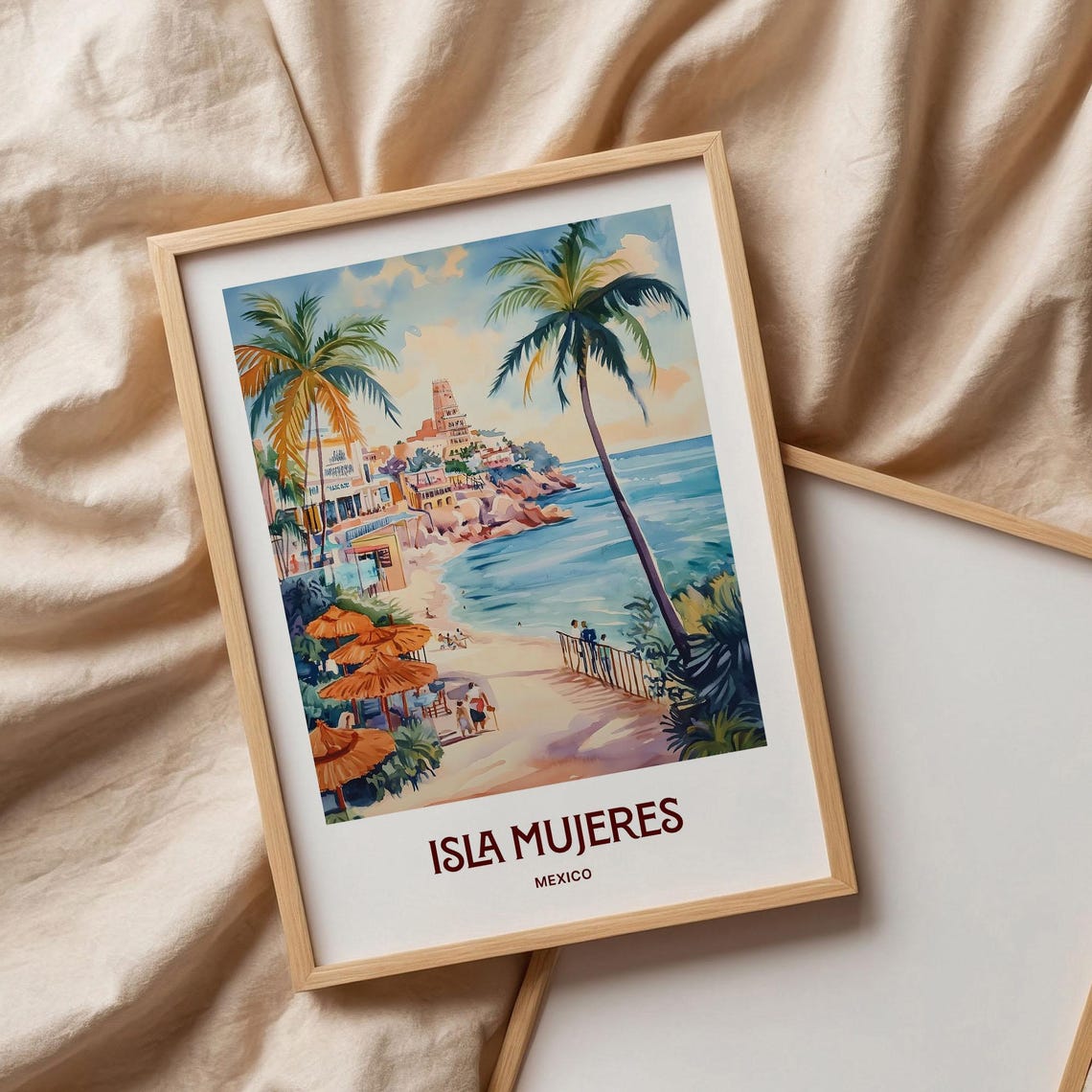Isla Mujeres Mexico Caribbean Beach Palms Watercolor Travel Poster - Image 3
