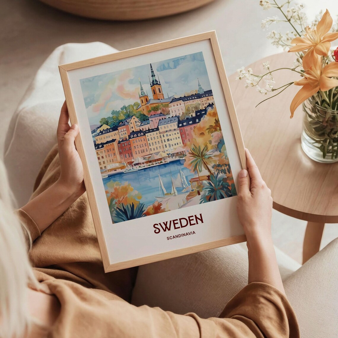 Sweden Stockholm Old Town Sailboat Harbor Pastel Watercolor Poster - Image 5
