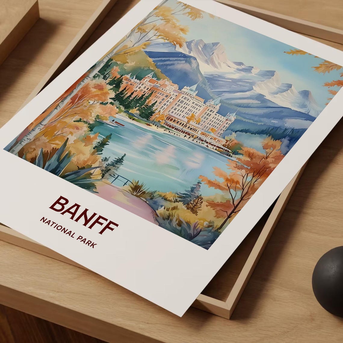 Banff National Park Lake Hotel Mountains Watercolor Travel Poster - Image 2