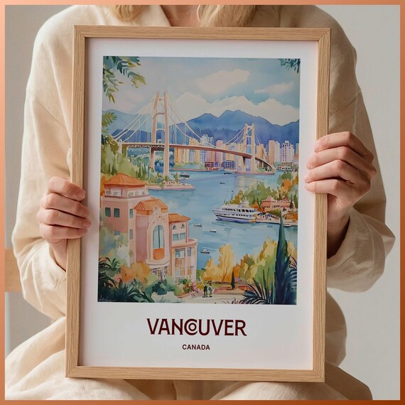 Vancouver Canada Suspension Bridge Harbor Skyline Watercolor Travel Poster