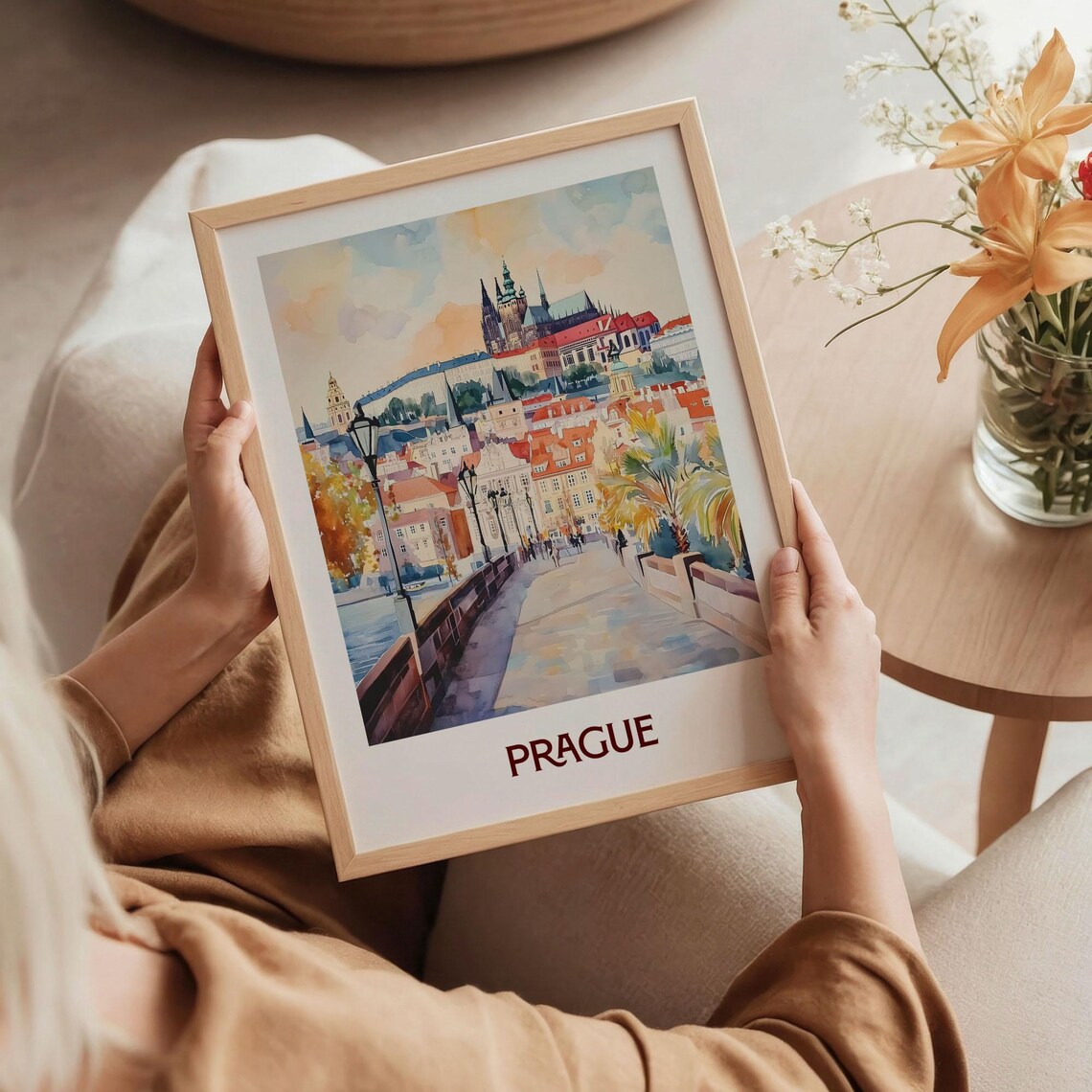 Prague Watercolor Castle Skyline Historic Bridge View Poster - Image 5