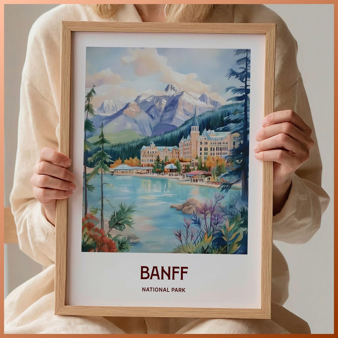 Banff Lake Louise Chateau Rockies Watercolor National Park Poster
