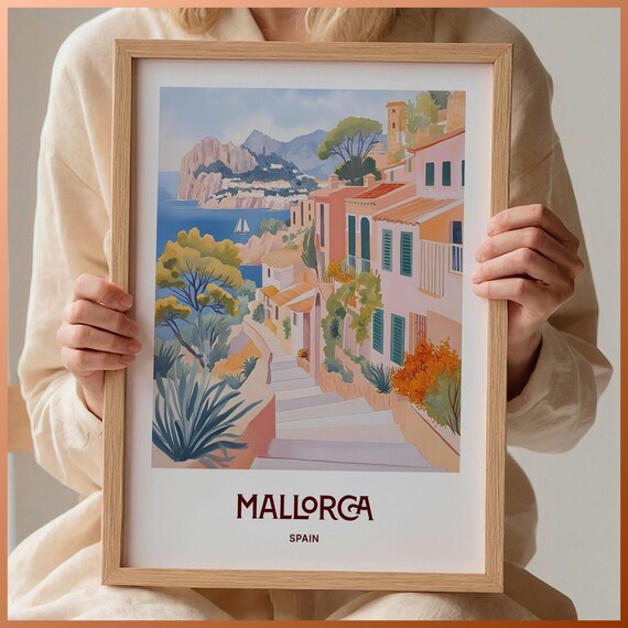 Mallorca Spain Mediterranean Village Sailboat Coast Watercolor Travel Poster