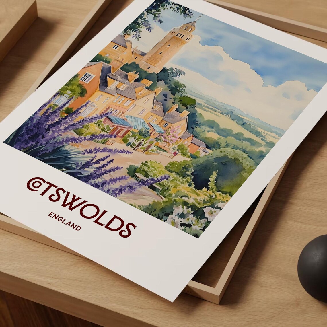 Cotswolds England Village Church Tower Lavender Watercolor Travel Poster - Image 2