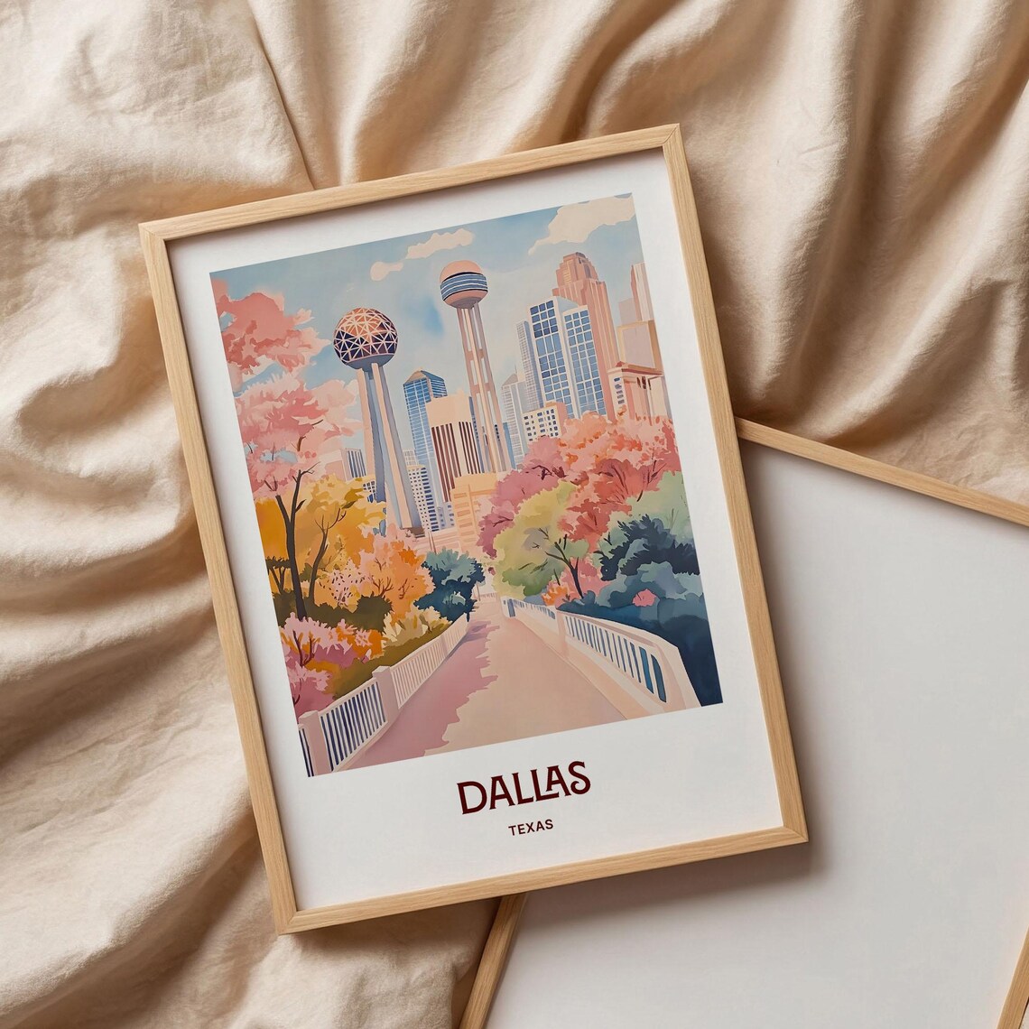 Dallas Texas Downtown Skyline Reunion Tower Watercolor Travel Poster - Image 3