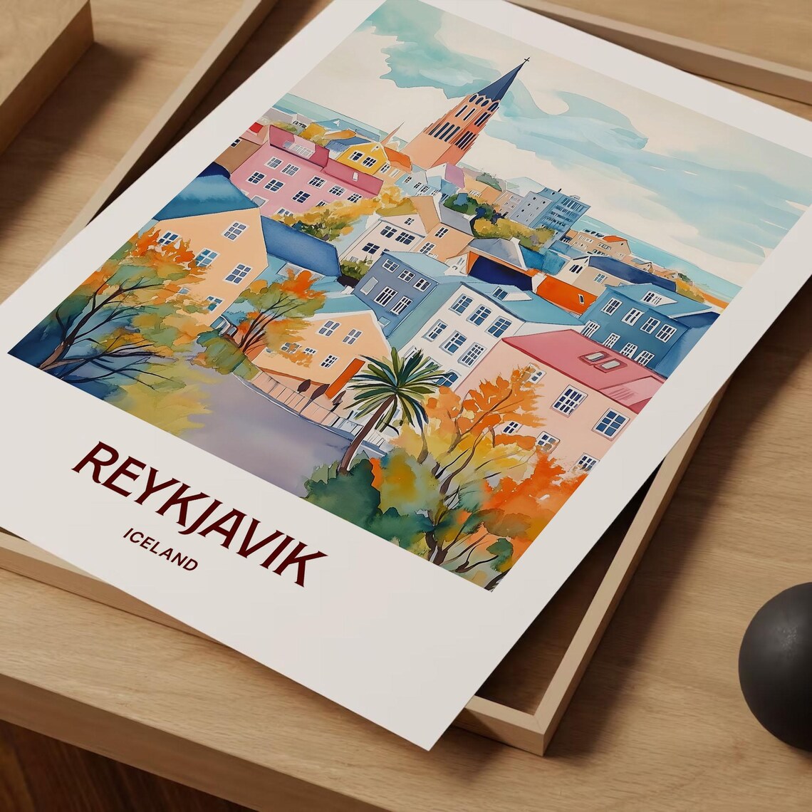 Reykjavik Iceland Hallgrimskirkja Colorful Houses Watercolor City Poster - Image 2