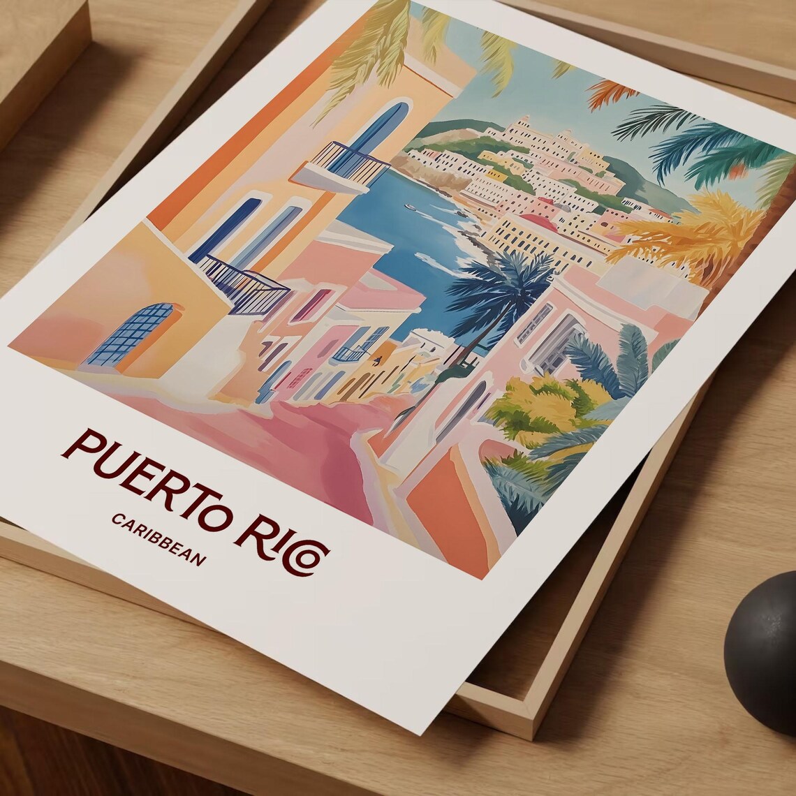 Puerto Rico Pastel Watercolor Caribbean Coastal Town Travel Poster - Image 2