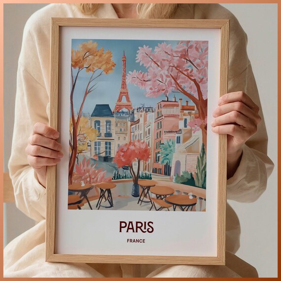 Paris France Eiffel Tower Cafe Terrace Cherry Blossom Poster