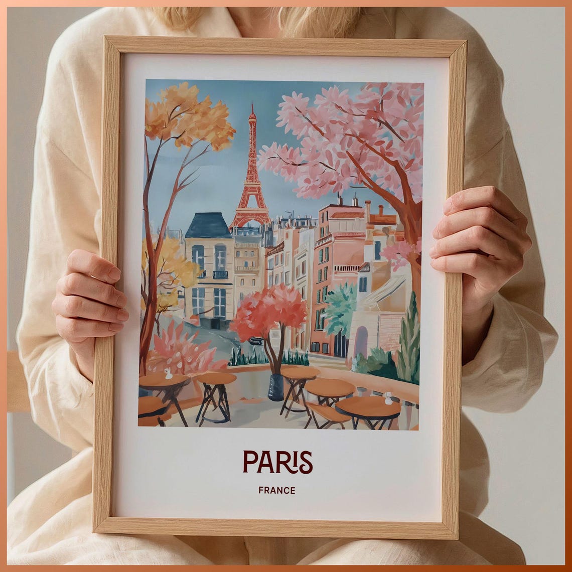 Paris France Eiffel Tower Cafe Terrace Cherry Blossom Poster
